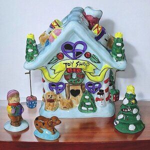Vintage Toy Shop Illuminated Village Holiday House with Accessories Ceramic 4 PC
